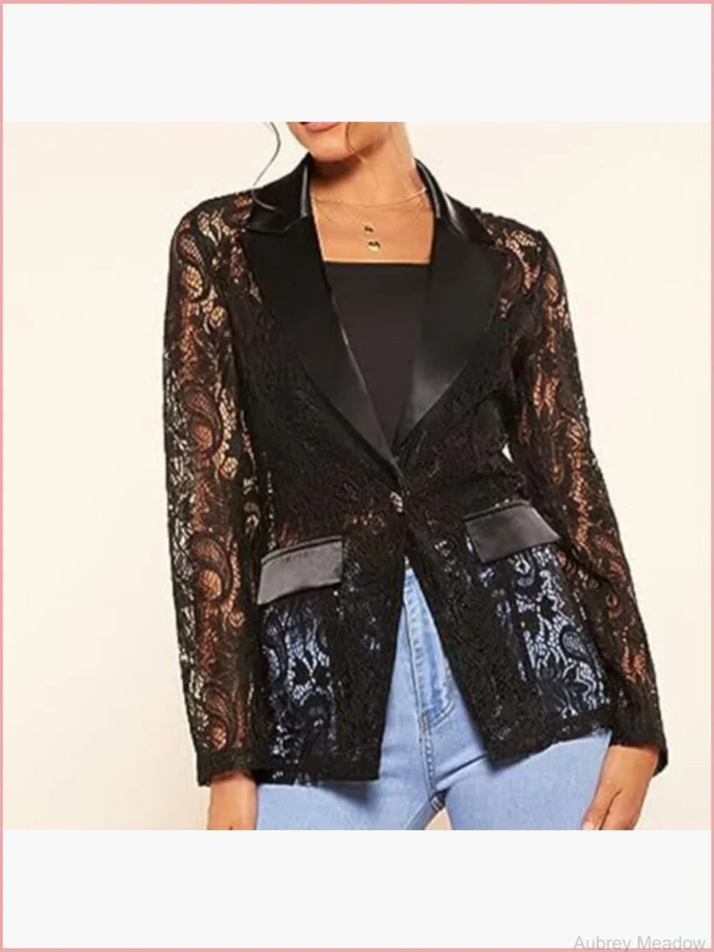 Floral Lace Blazer Single Button Lapel Neck Sheer Mesh Jacket